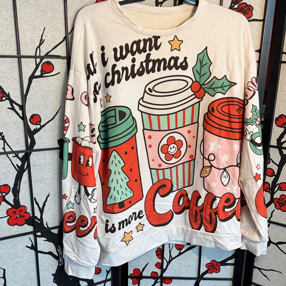 Festive Womens 3XL Oversized Coffee Holiday Christmas Graphic Casual Crewneck